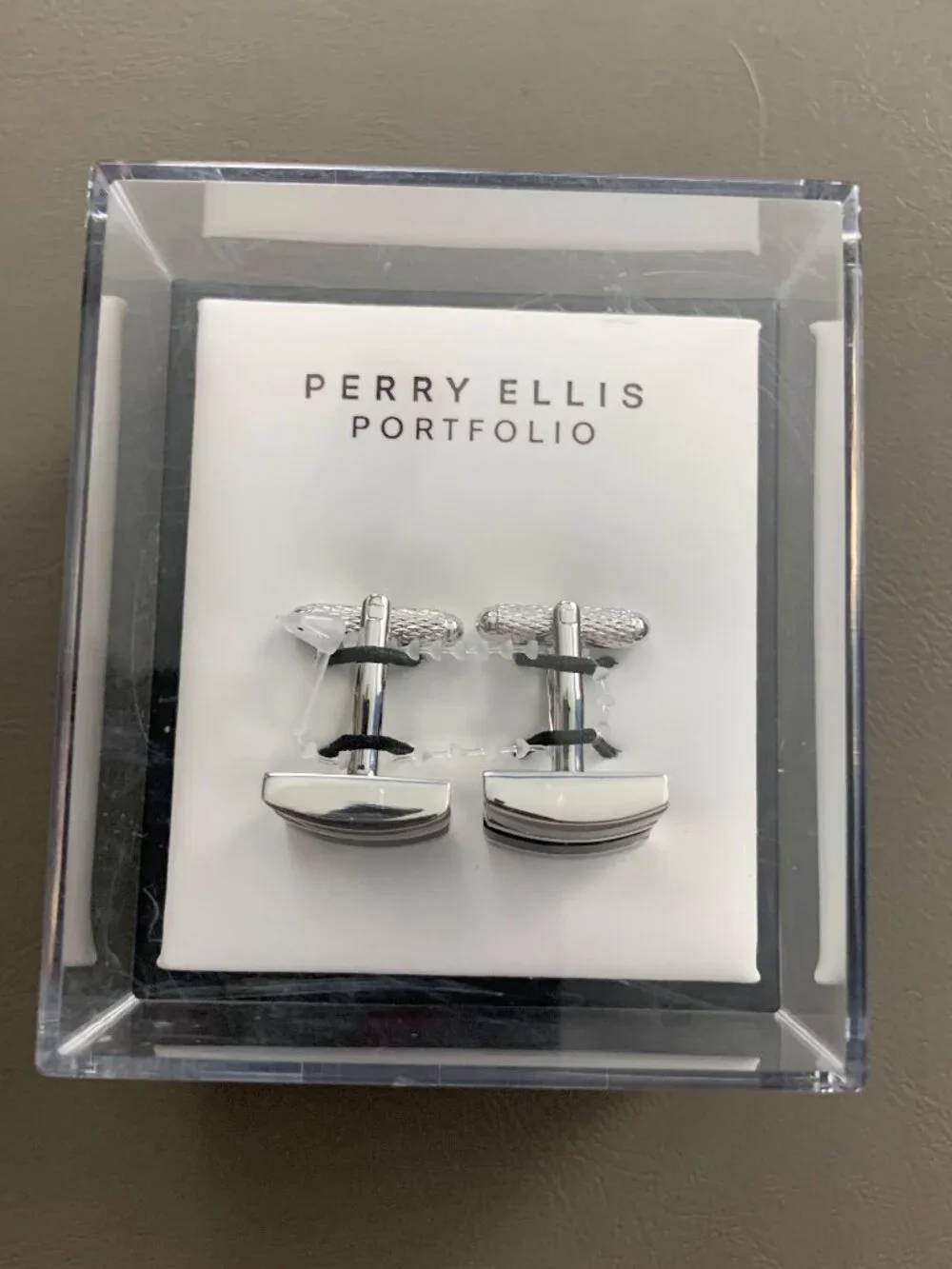 Perry Ellis Portfolio Men's Whale Back Black Gray Stripe Cufflinks